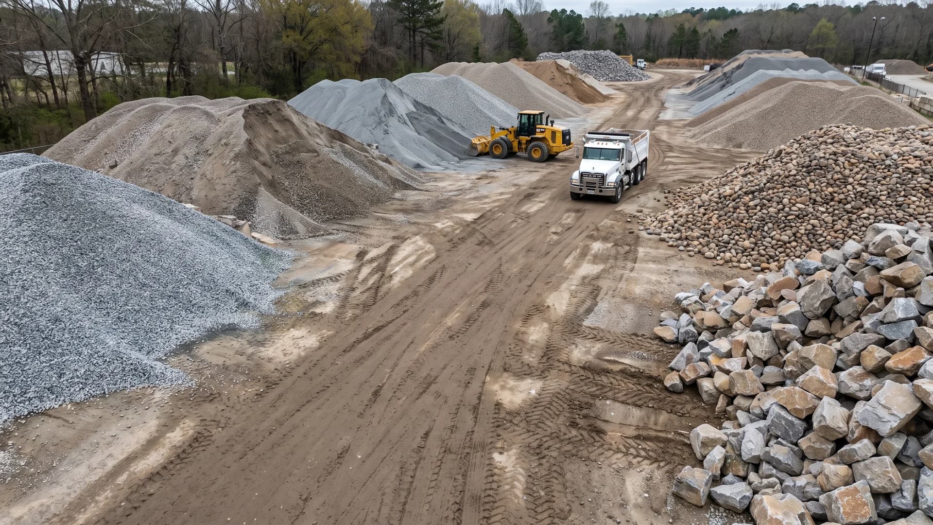 Illustrative commercial aggregate yard with separated gravel and stone stockpiles, a wheel loader, and a tandem dump truck