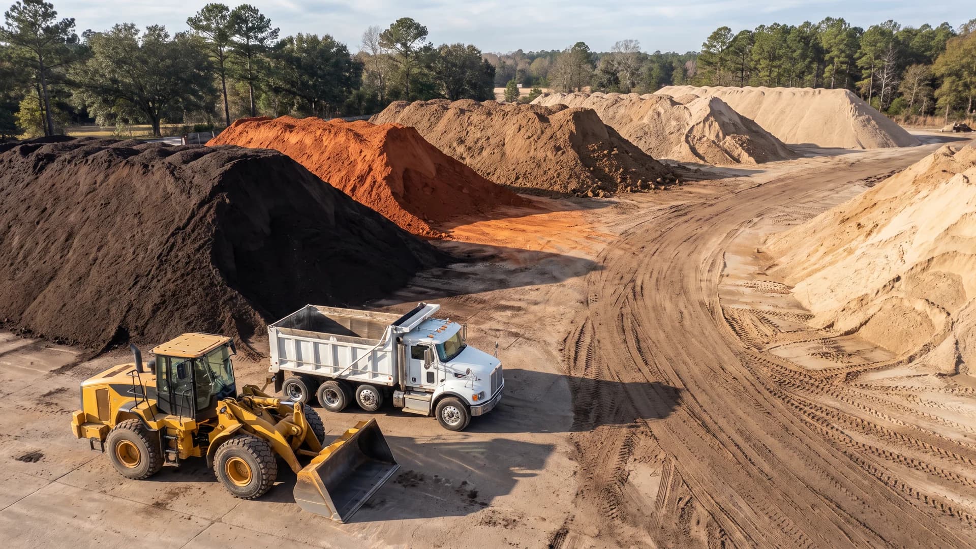 Illustrative bulk soil yard with distinct topsoil, Georgia red clay, fill dirt, sandy dirt, and fill sand stockpiles beside a loader and tandem dump truck