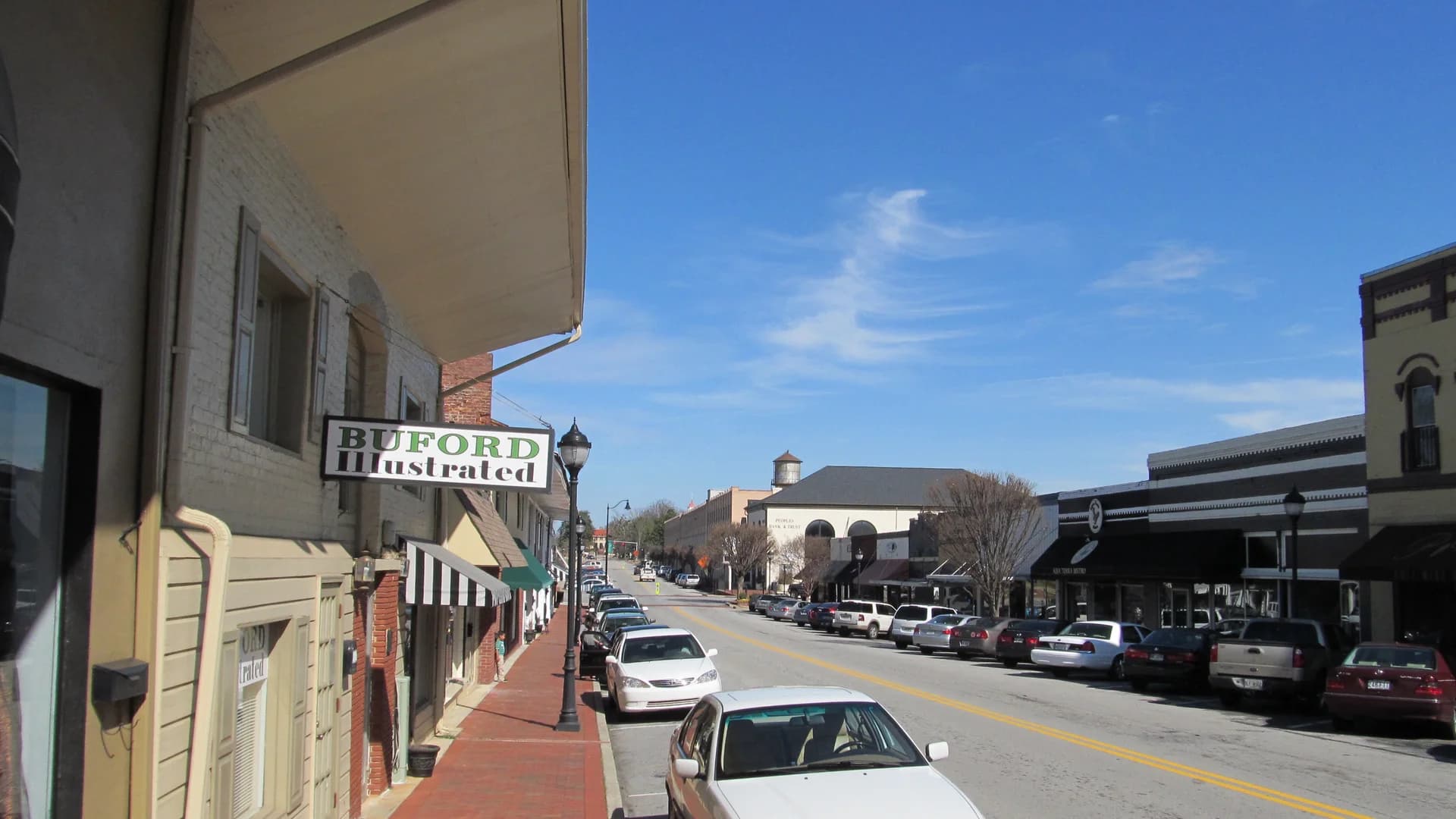 Downtown storefronts along Main Street in Buford, Georgia.