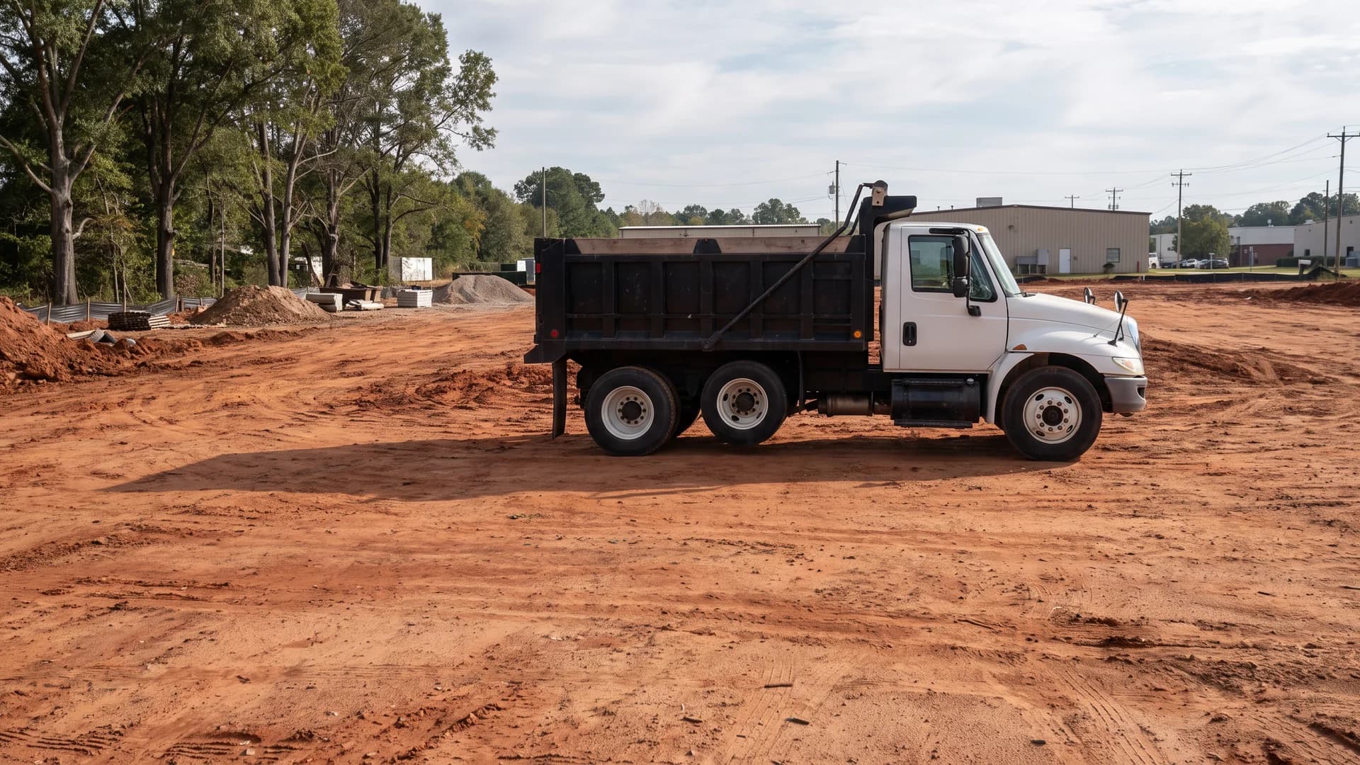 AI-generated illustration of a white tandem dump truck with a black steel bed at a Georgia-style commercial construction site.