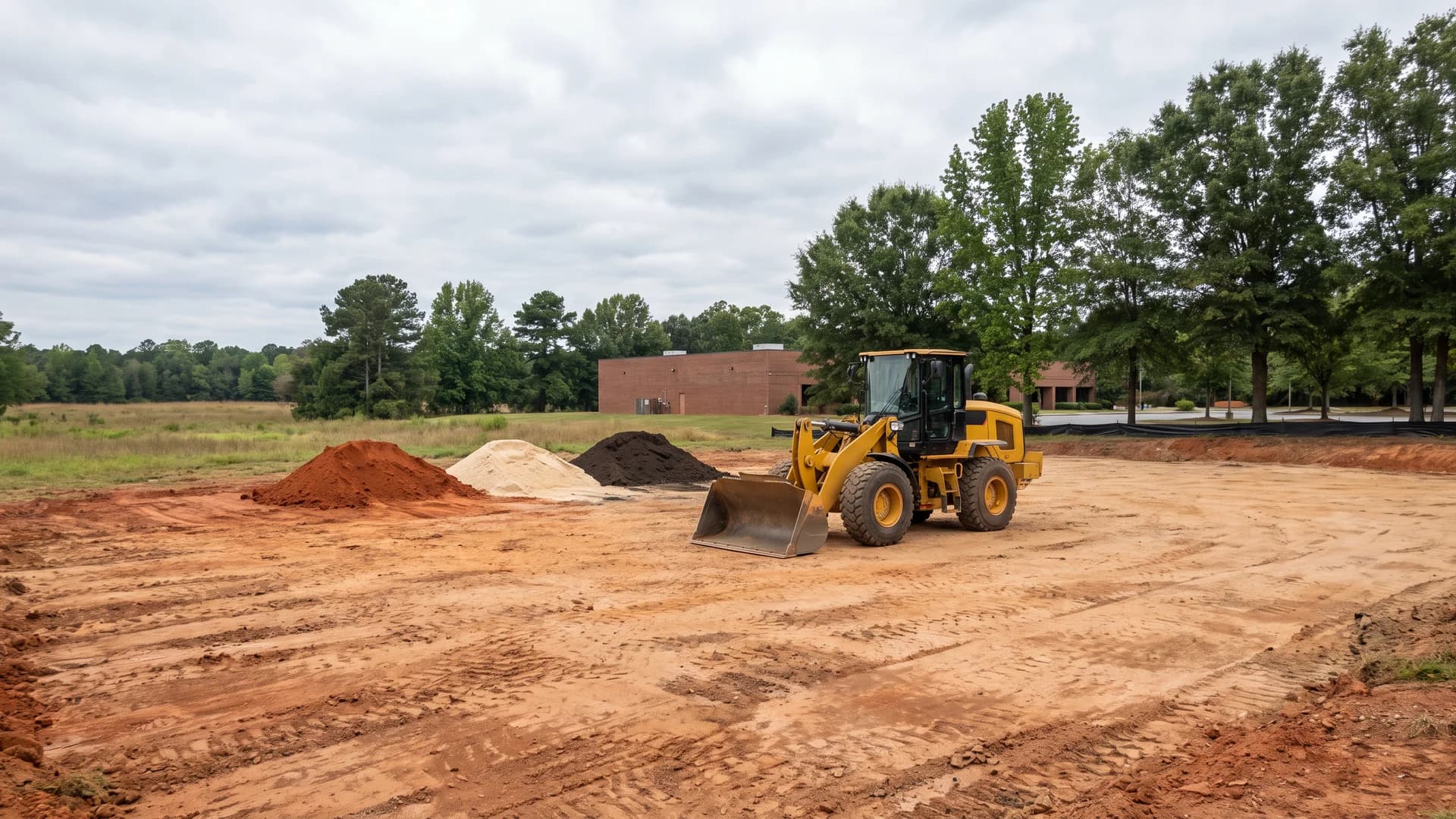 AI-generated illustration of a wheel loader beside red-clay fill, sand and topsoil stockpiles on a Georgia construction pad.