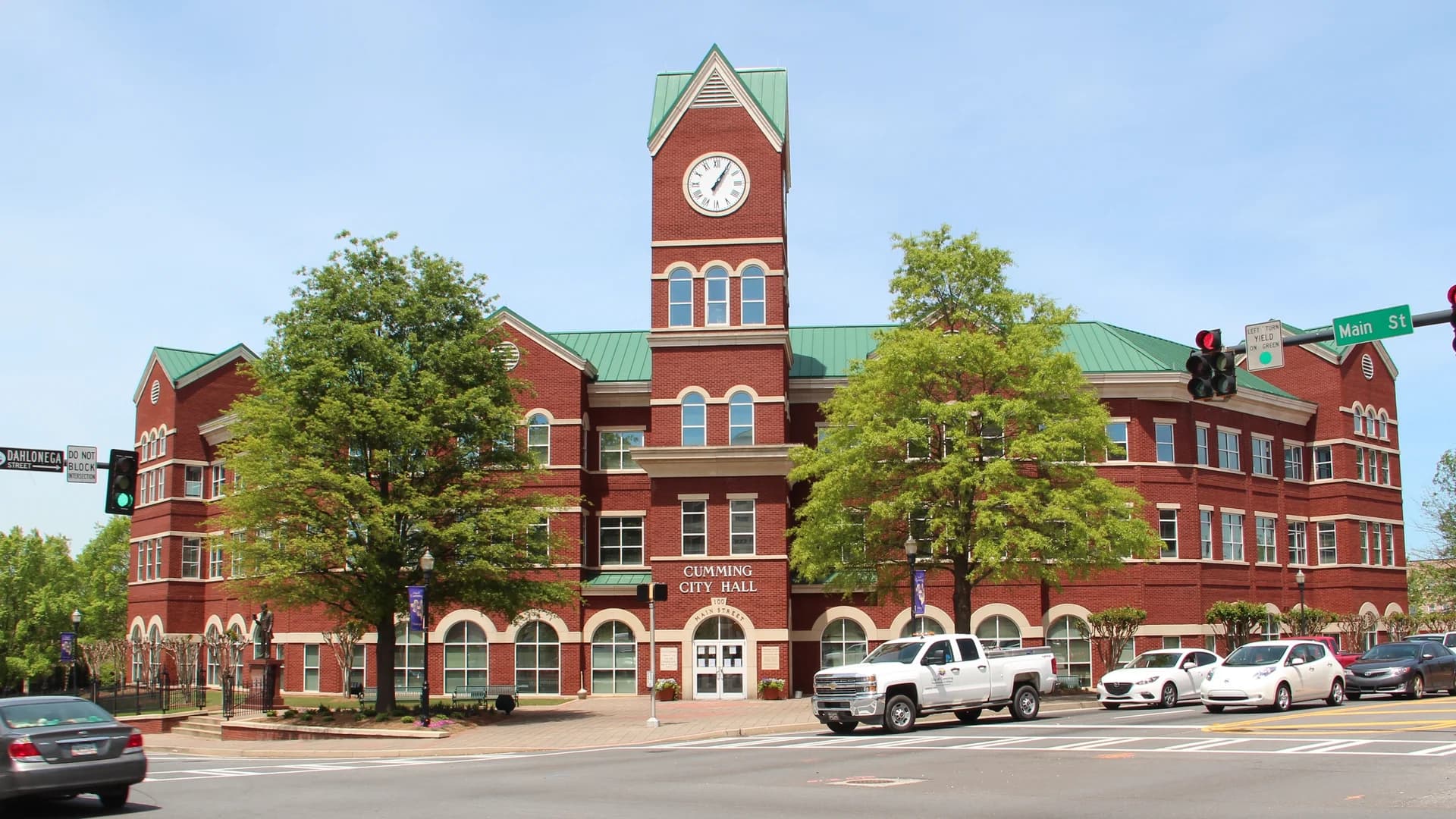 Cumming City Hall and its clock tower on Main Street in Cumming, Georgia.