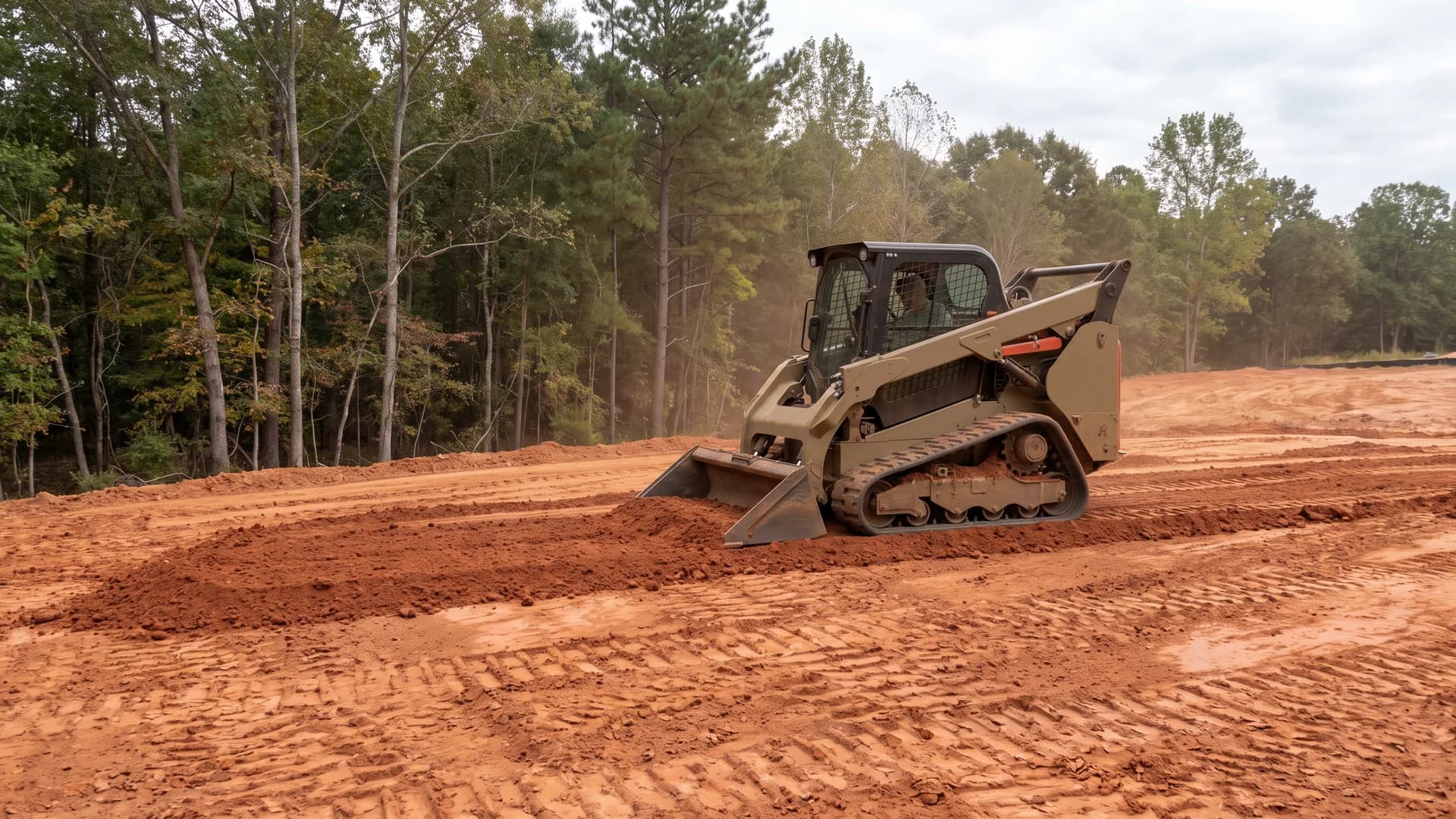 AI-generated illustration of a compact track loader spreading fill on a wooded grading pad.