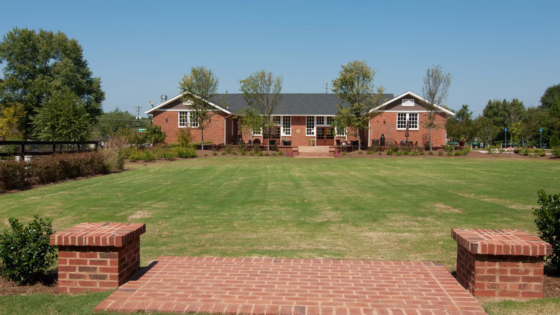Historic Newtown School and its brick facade at Newtown Park in Johns Creek, Georgia.