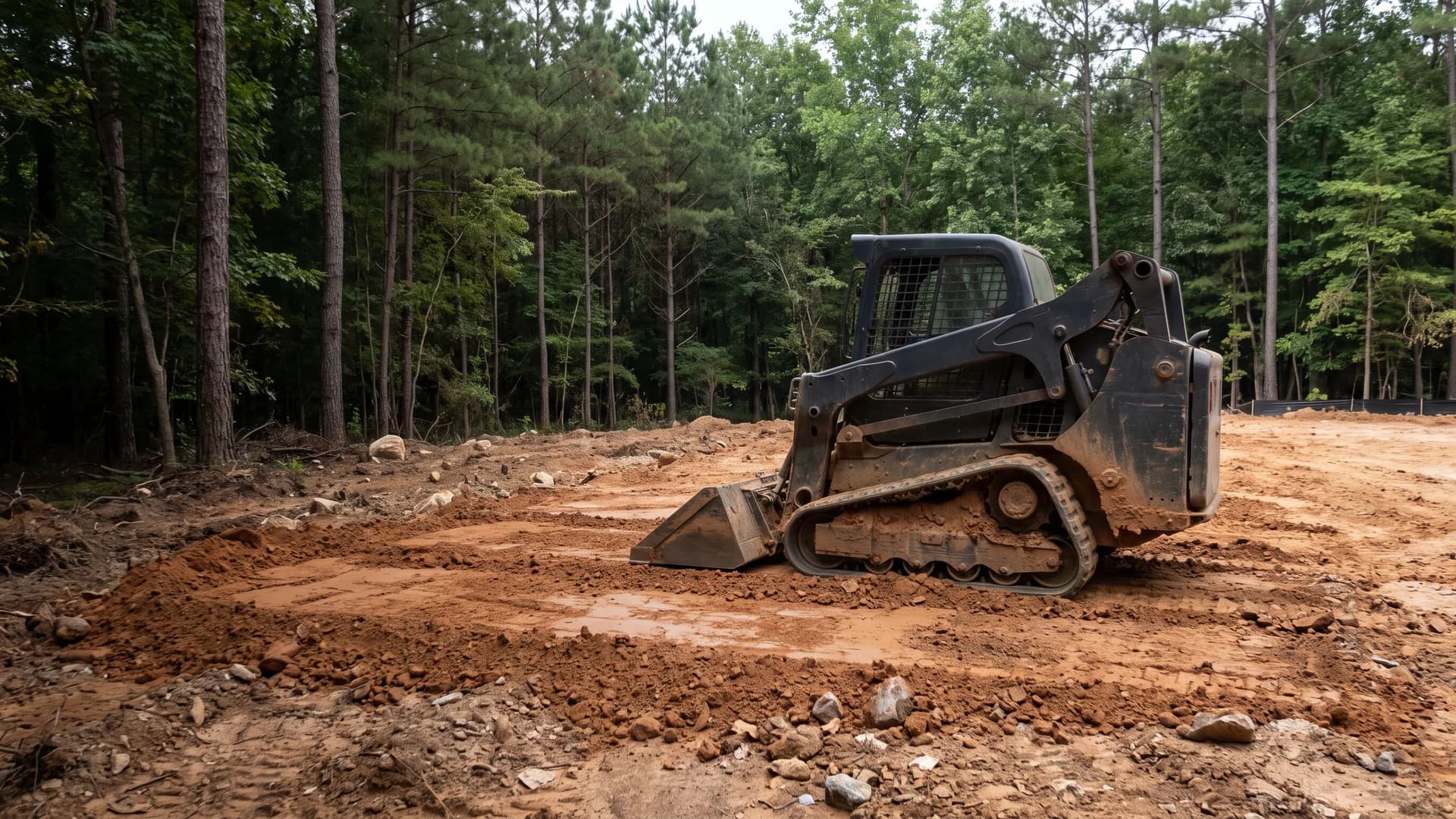 AI-generated illustration of a compact track loader spreading fill on a wooded construction pad.
