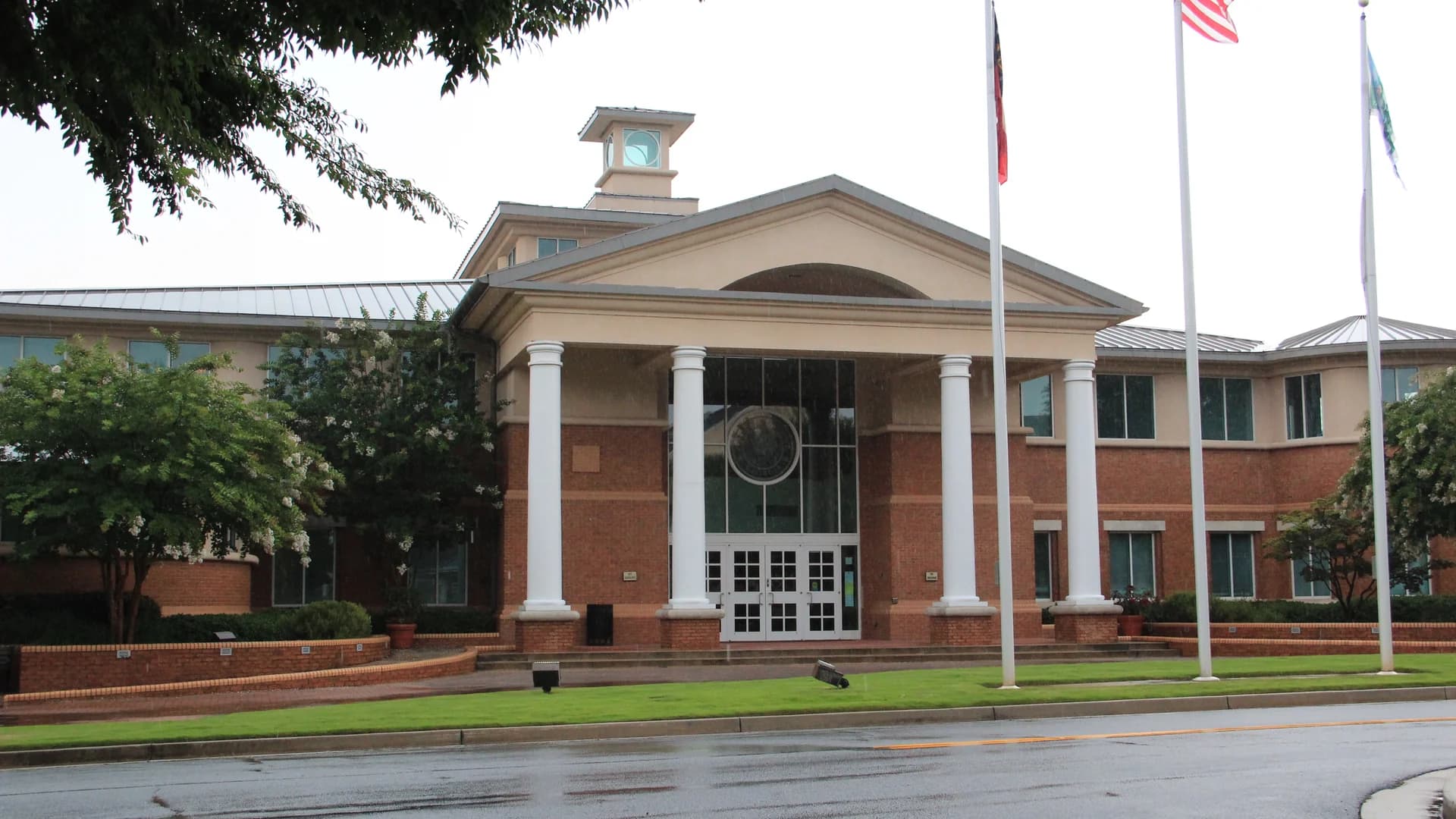 Smyrna City Hall with its columned entrance and cupola in downtown Smyrna, Georgia