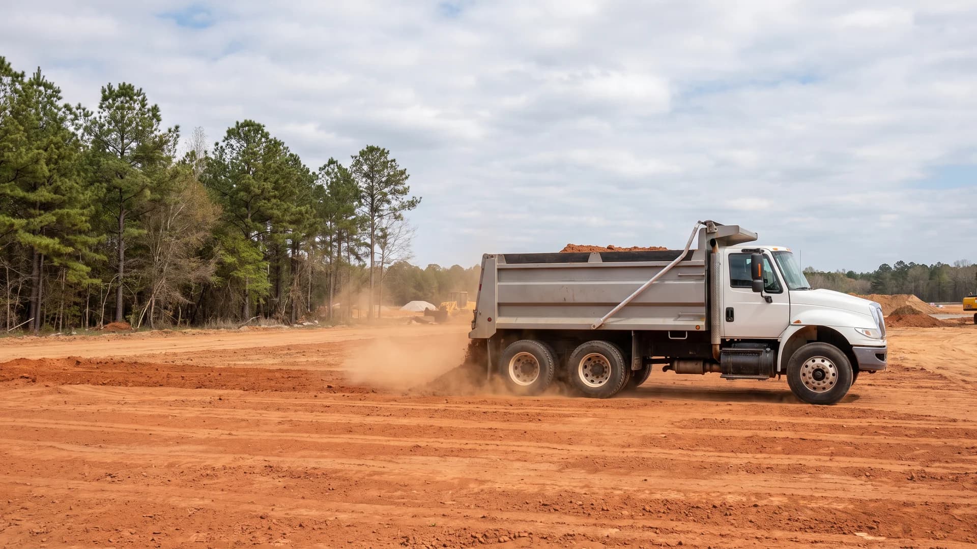 AI-generated illustration of a tandem dump truck carrying fill at a commercial construction site.
