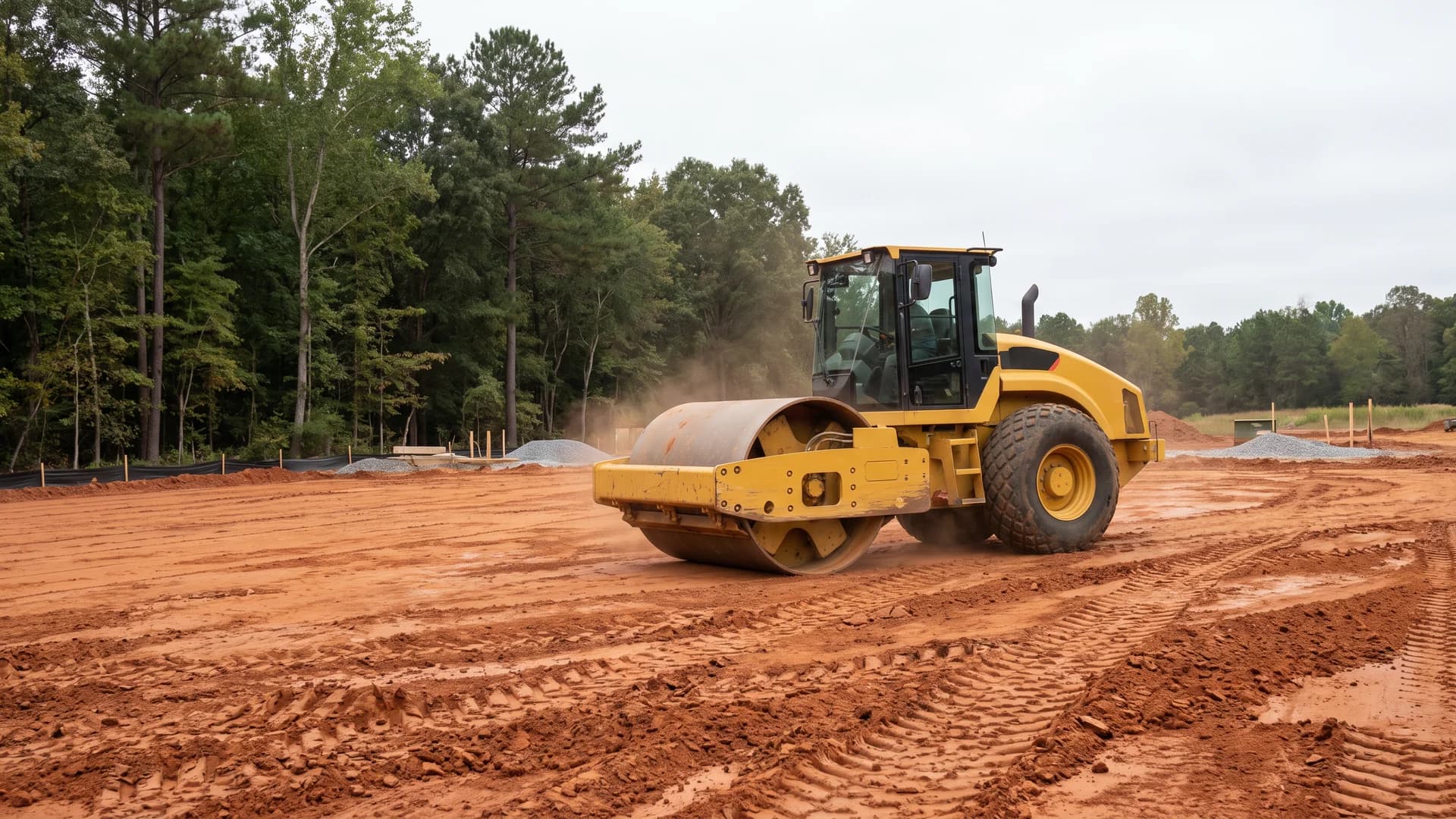 AI-generated illustration of a single-drum soil compactor preparing a construction pad.