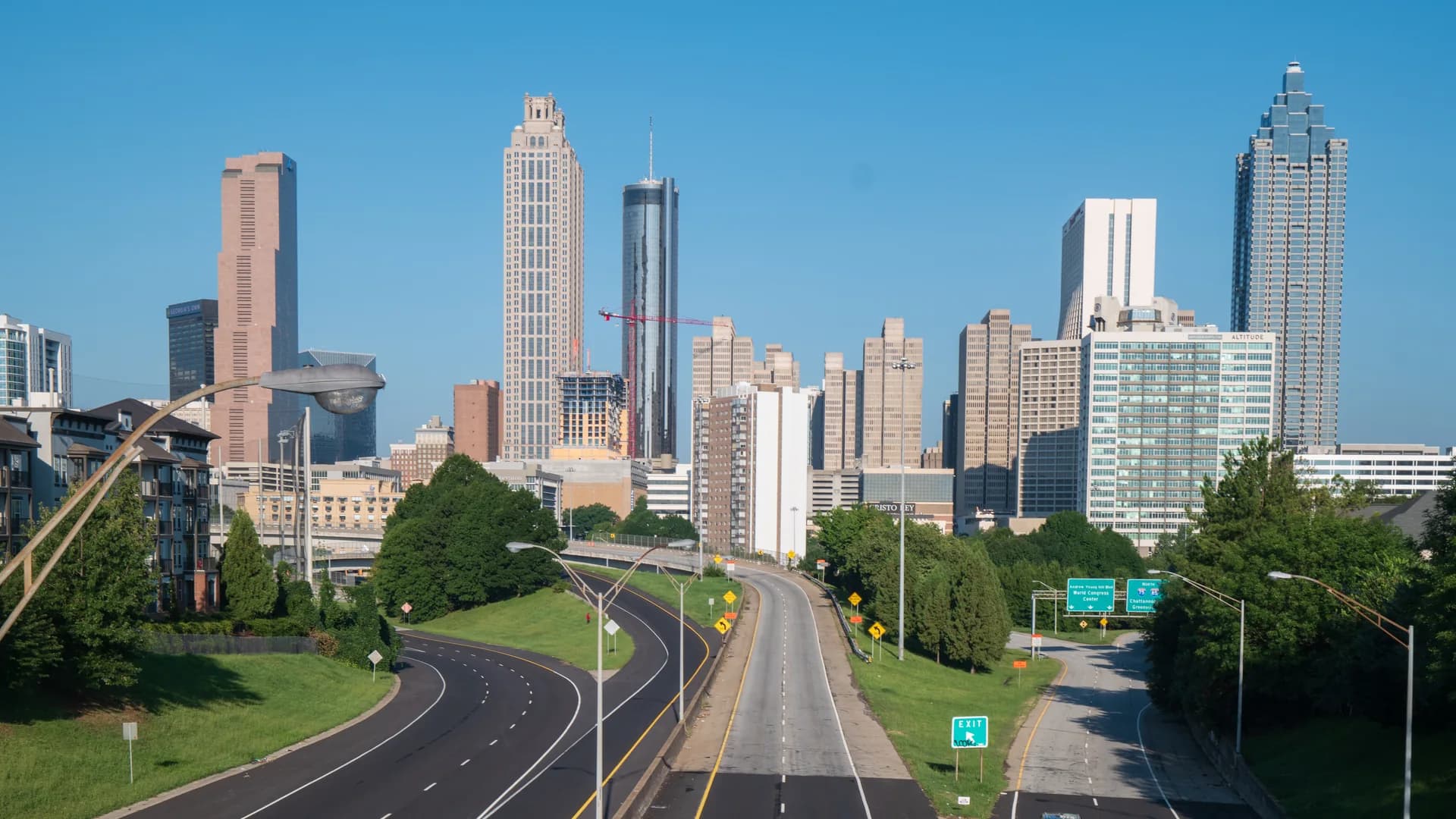 Downtown Atlanta skyline above the highway, viewed from Jackson Street Bridge.
