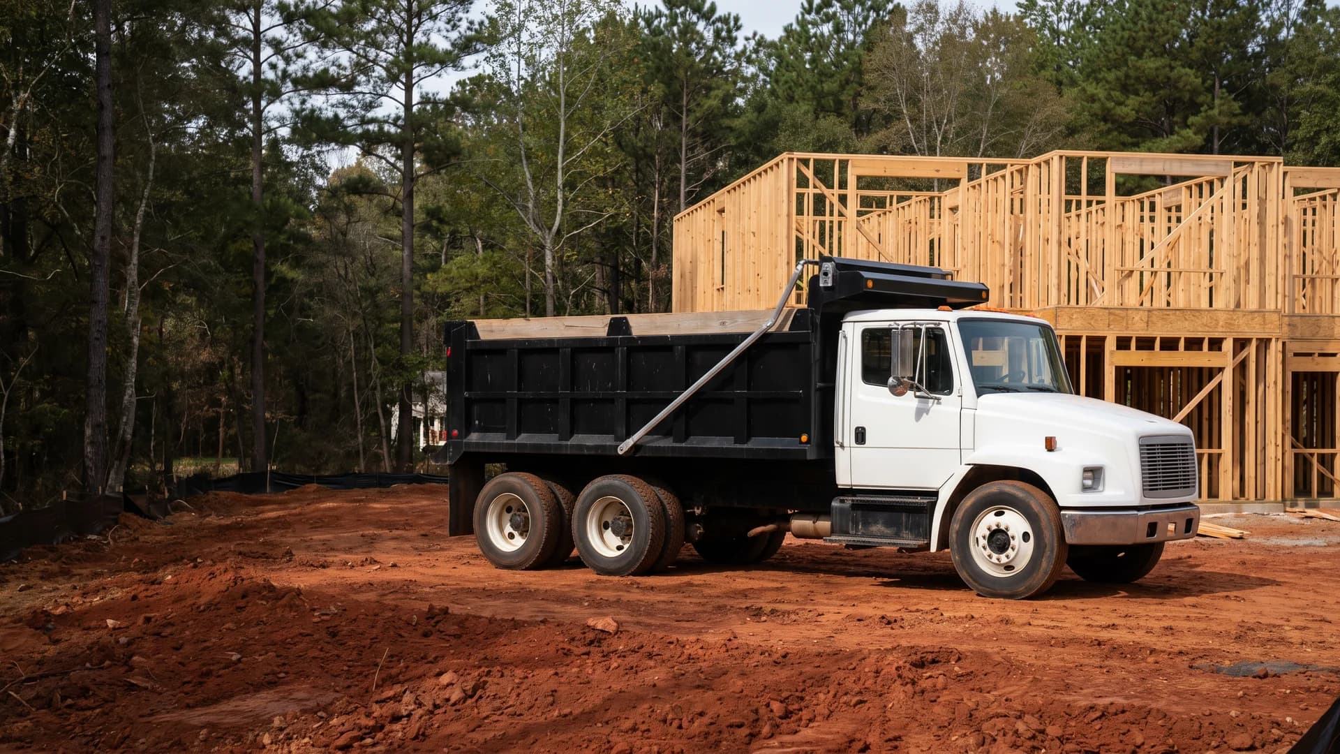 AI-generated illustration of a white tandem dump truck at a multifamily construction site.