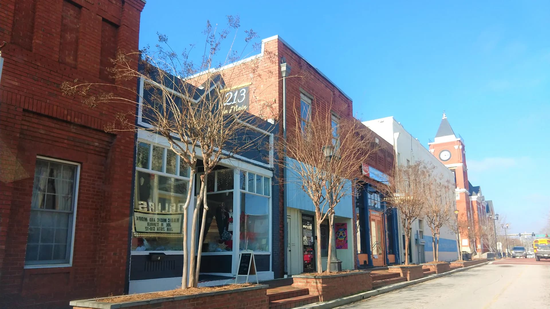 Historic downtown buildings along the main street in Dallas, Georgia.