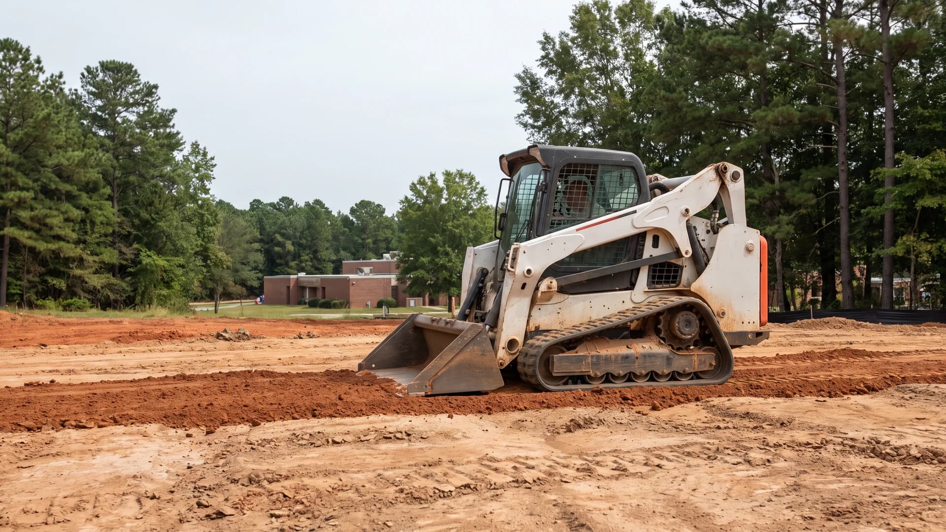 AI-generated illustration of a compact track loader spreading fill at a Georgia-style institutional construction site.