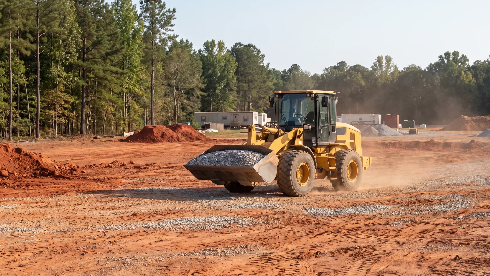 AI-generated illustration of a conventional wheel loader carrying aggregate on a Georgia-style construction site.