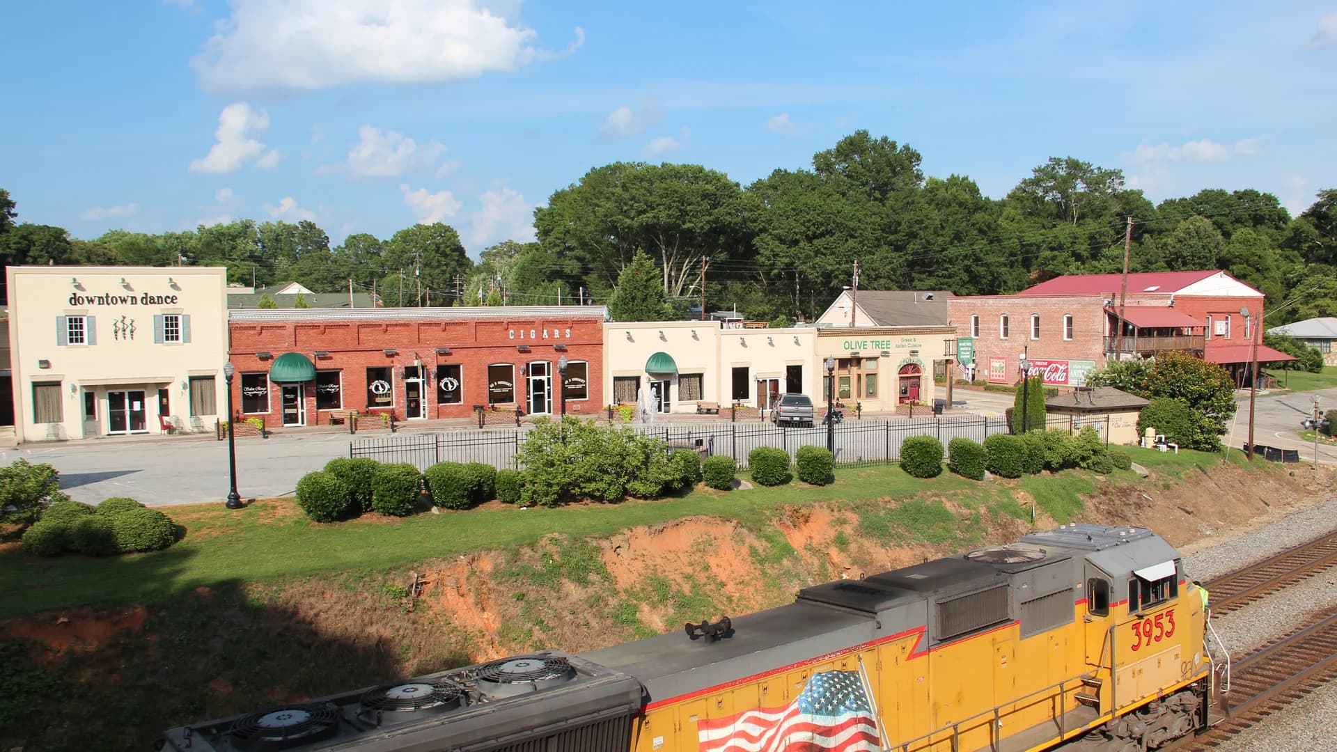 Downtown storefronts viewed from the railway bridge in Hiram, Georgia.
