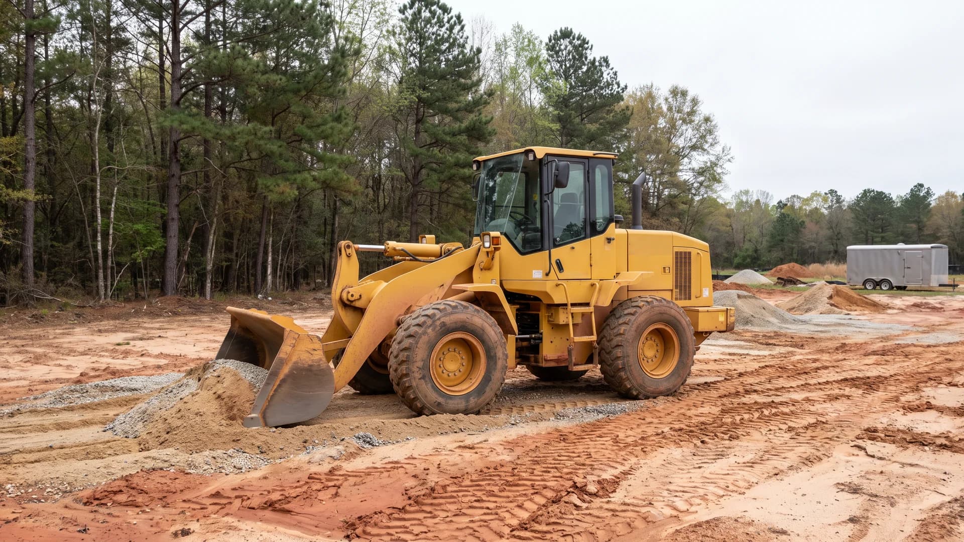 AI-generated illustration of a conventional wheel loader staging material on a Georgia-style construction site.