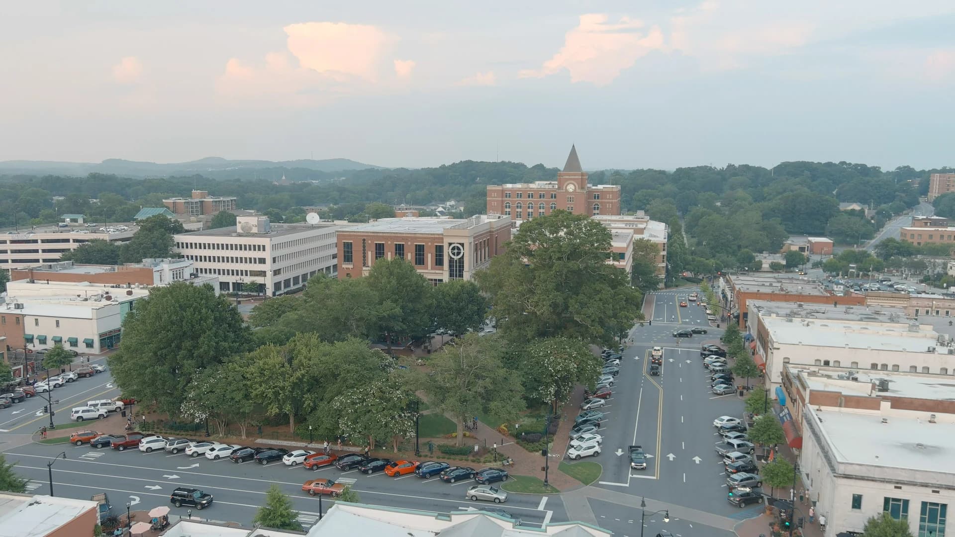 Aerial view of Marietta Square and Glover Park in downtown Marietta, Georgia