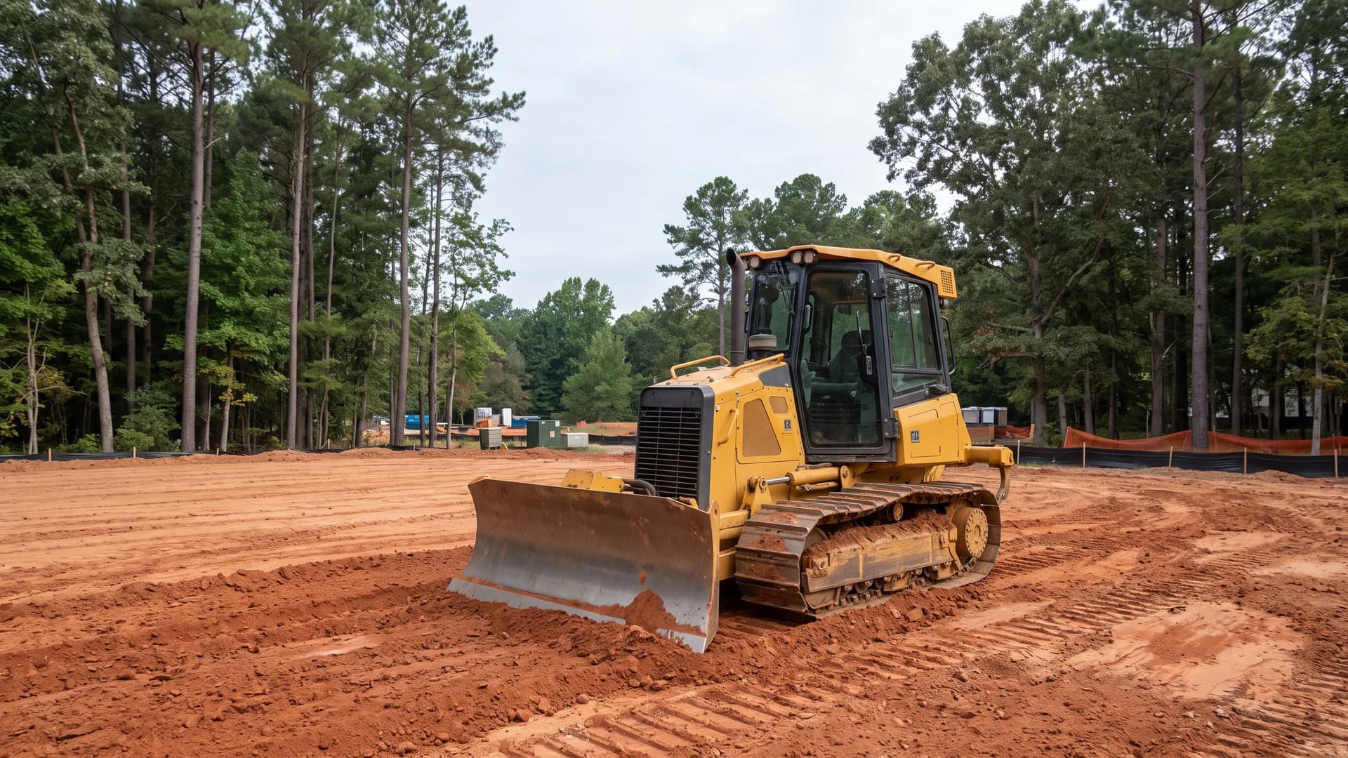 AI-generated illustration of a conventional tracked bulldozer grading Georgia-style red clay.